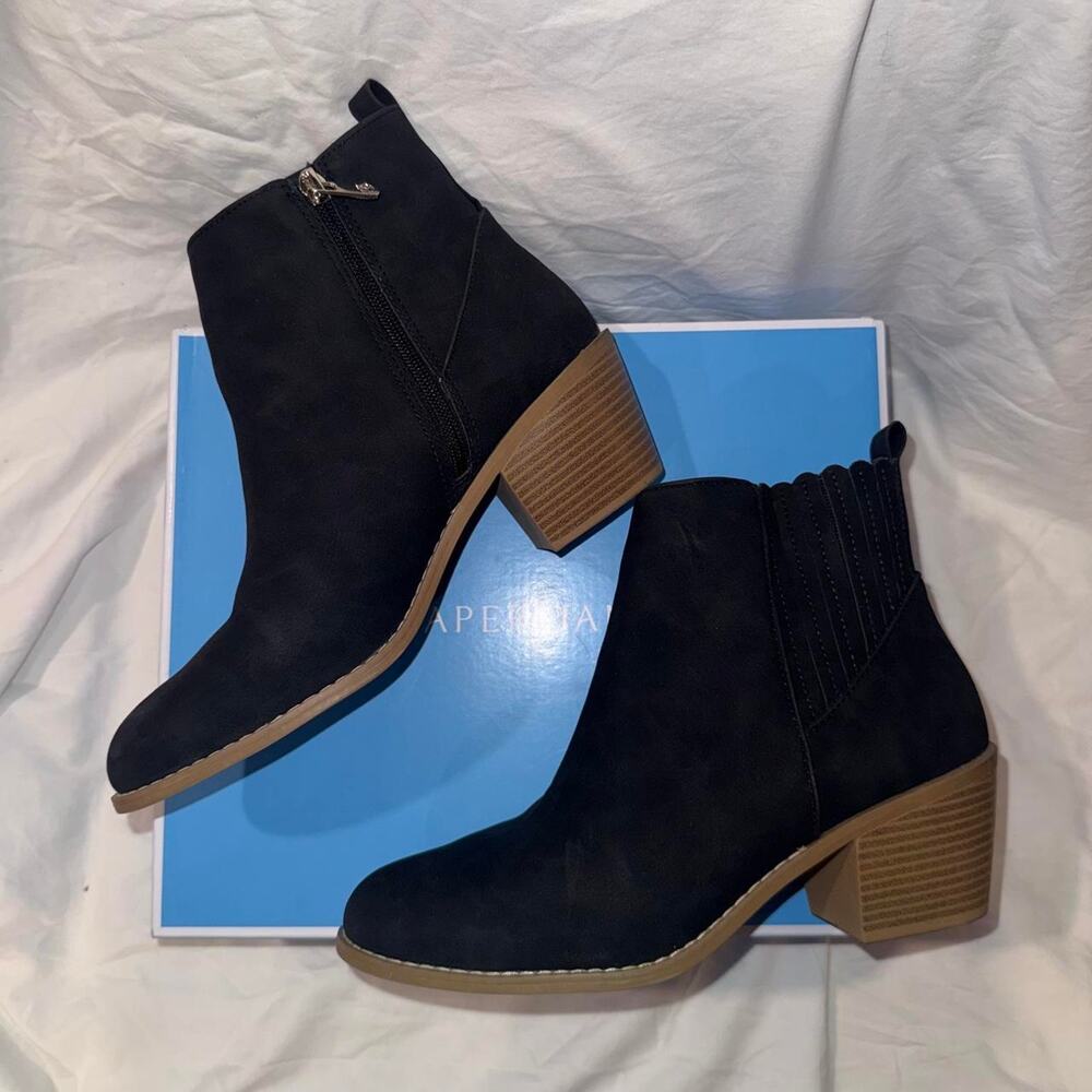 Draper James Black Suede Ankle Boots Wooden Heel Size 9 Minimalist Chic Quality